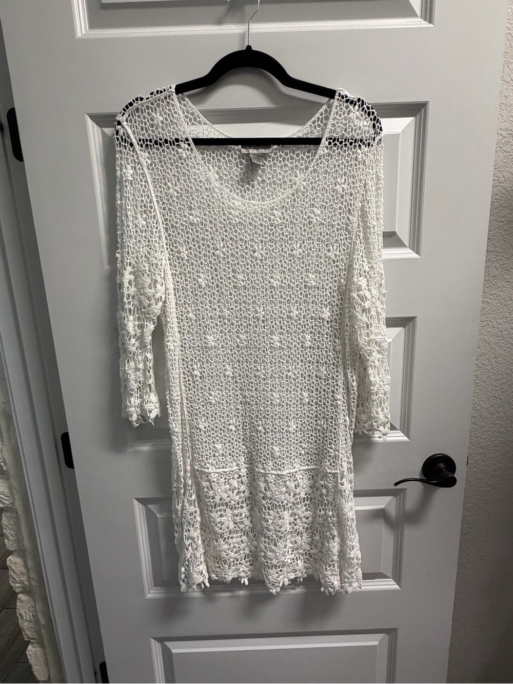 White Crochet Swim Coverup Tunic with Scoop Neck